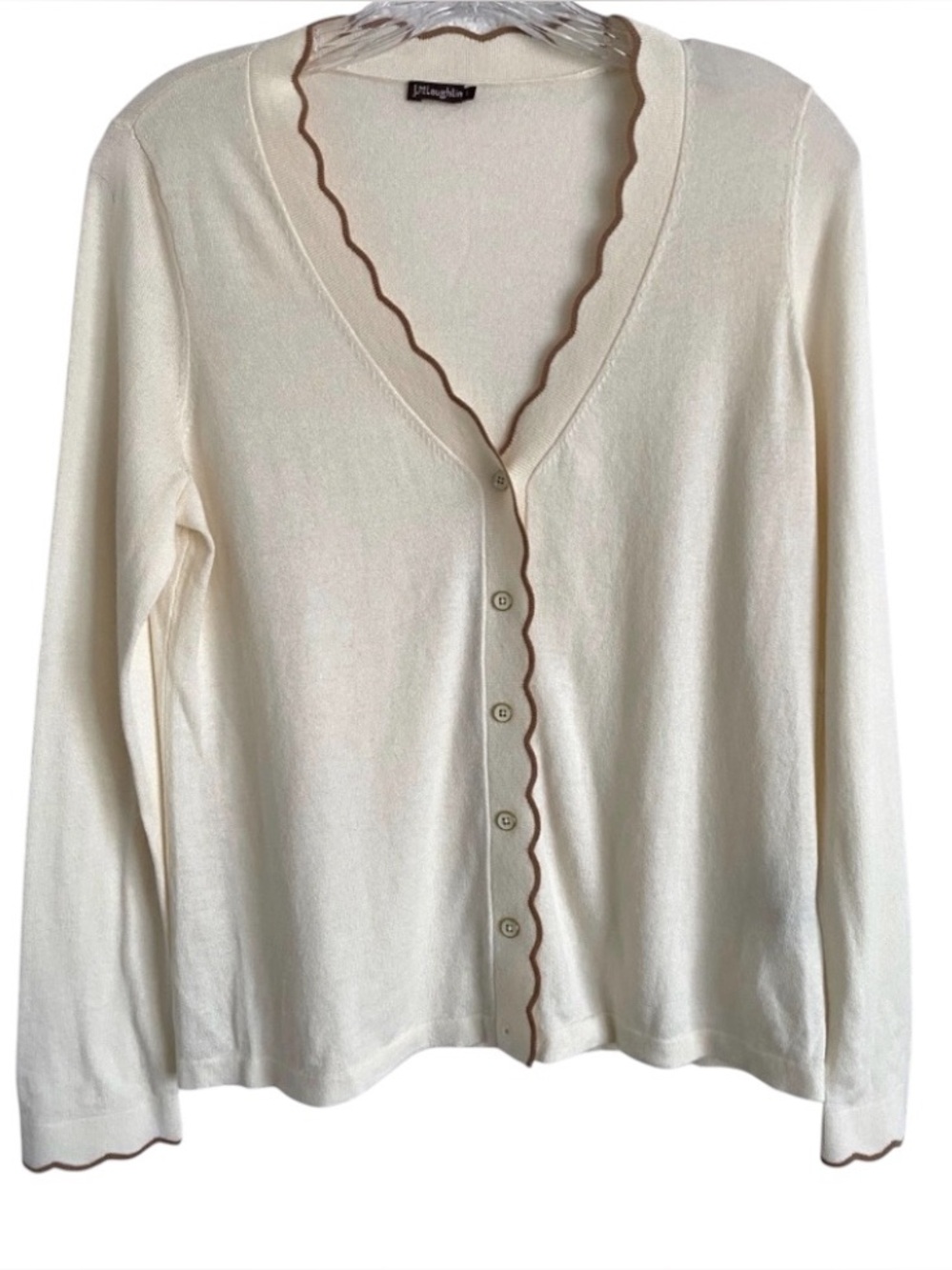 J. McLaughlin Cardigan Sweater Feminine Ivory Scalloped Cashmere Small Cream